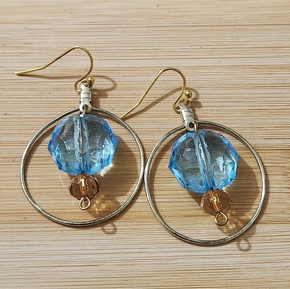 Hand Crafted Jewelry - Hand Crafted Earrings Pierced Crystal Beads Turquoise Amber Goldtone